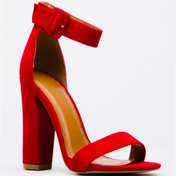 RED SUEDE CHUNKY ANKLE STRAP HEELS - Picture 2 of 5